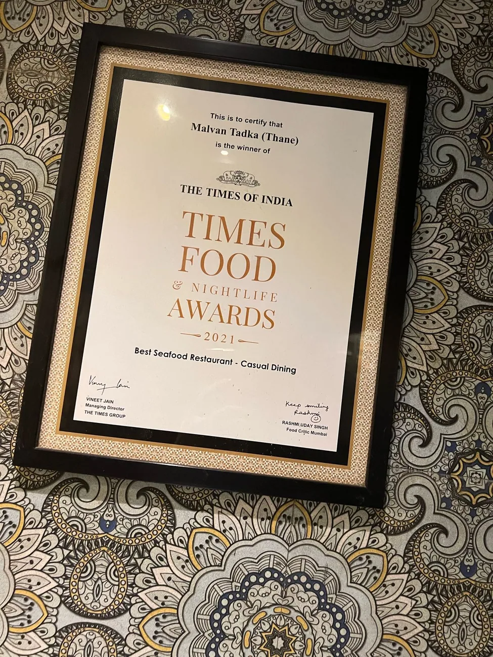 Times Food & Nightlife Awards certificate for Best Seafood Restaurant, Casual Dining